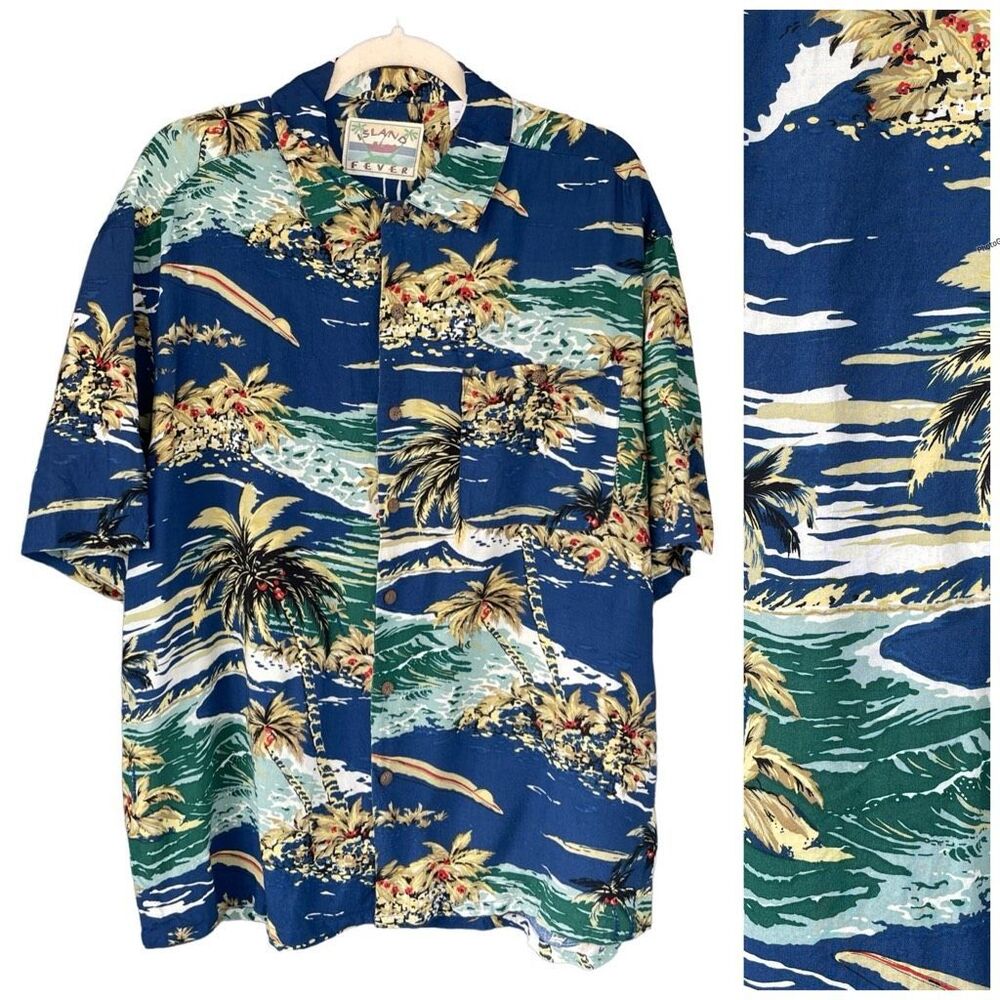 Vintage 90s Island Fever Hawaiian Palm Tree Ocean Short Sleeve Button Up Shirt S